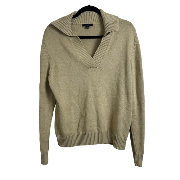 Lands' End Collared V-Neck Sweater Tan Youth Large 14-16 Preppy 100% Cotton - Picture 1 of 8